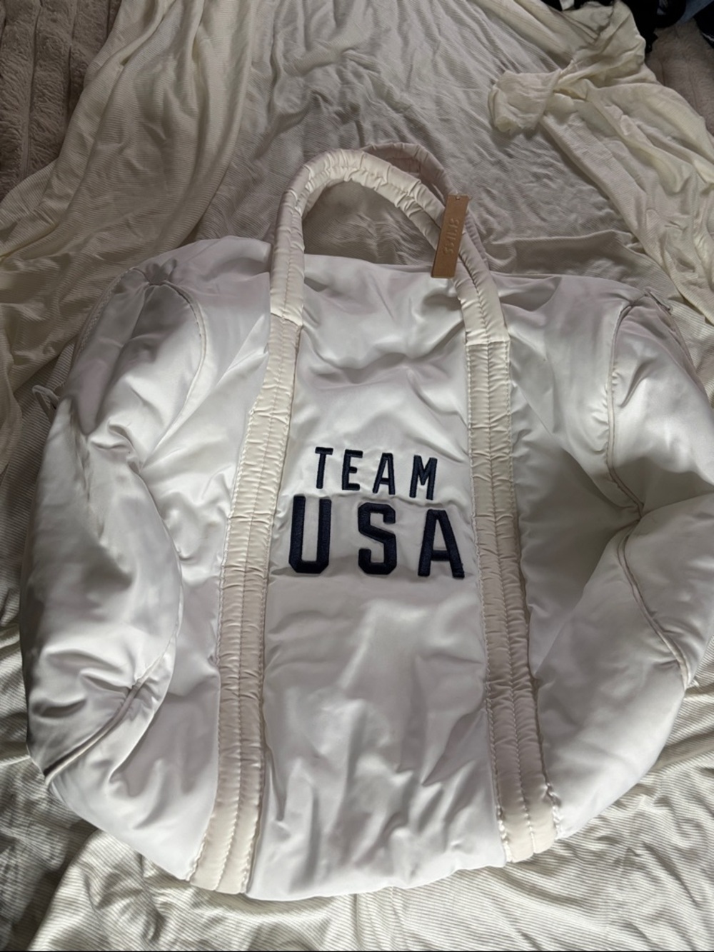 SKIMS White Quilted Puffer Tote with Navy 'TEAM USA' Lettering
